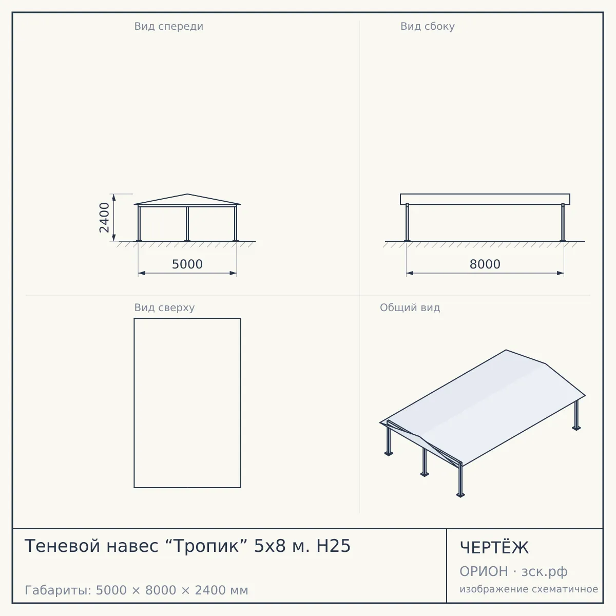 Теневой навес “Тропик” 5х8 м. H25 — чертёж